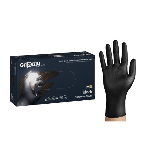 Manusi Nitril Gofrate Diamantate GripZzly, Rezistente la Chimicale si Uleiuri, 50 buc, negre