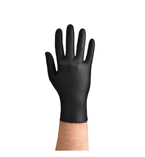 Manusi Nitril Gofrate Diamantate GripZzly, Rezistente la Chimicale si Uleiuri, 50 buc, negre