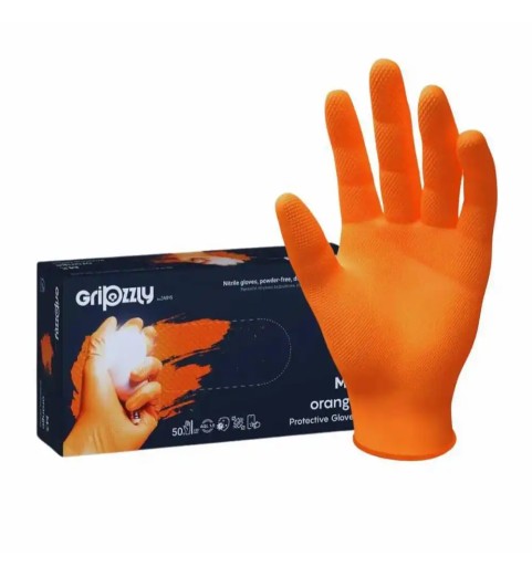Manusi Zarys Gripzzly, Nitril, groase si rezistente, textura diamant, Orange, marimea L, 50 buc/set